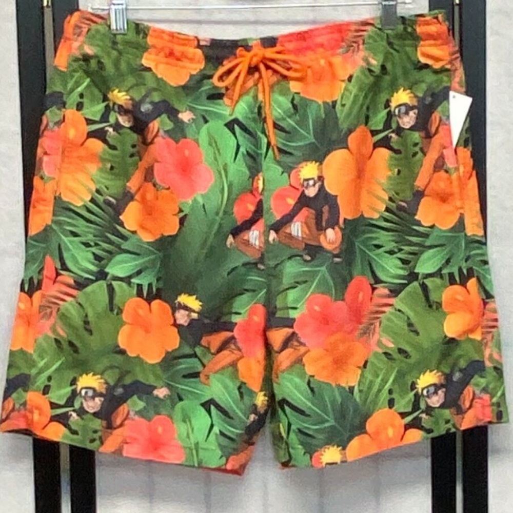 Naruto Akatsuki Swim Trunk Board Shorts Hibiscus Jungle Print Green Orange NWT